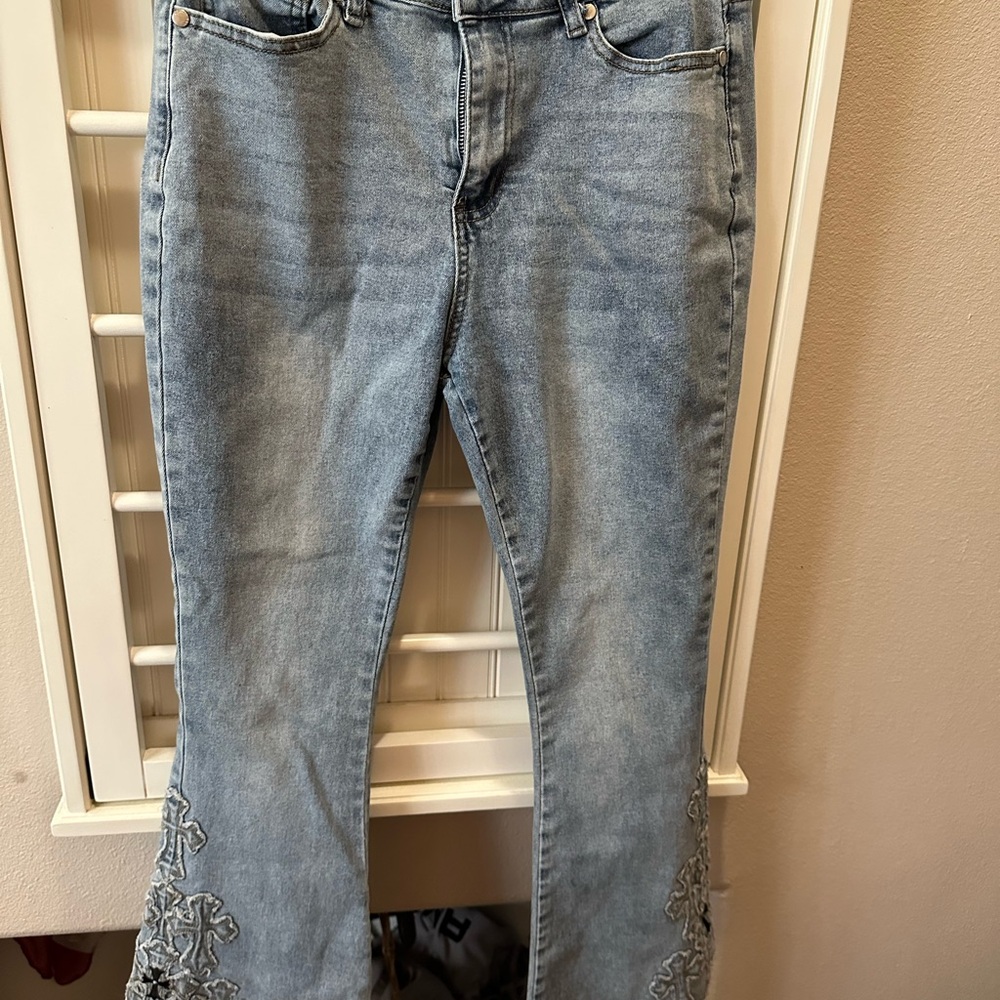 BAMBOO Light Blue Flare Jeans with Embroidery